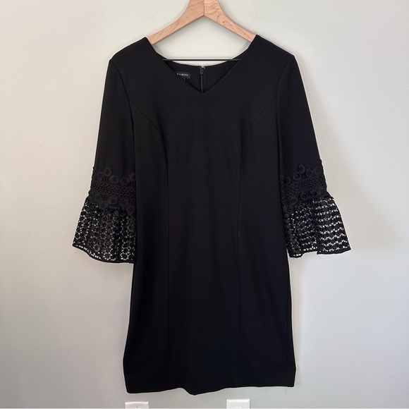 Talbots Dresses & Skirts - Talbots 10 Sheath Dress Black Ponte Fabric Crochet Bell Sleeve Cocktail Formal